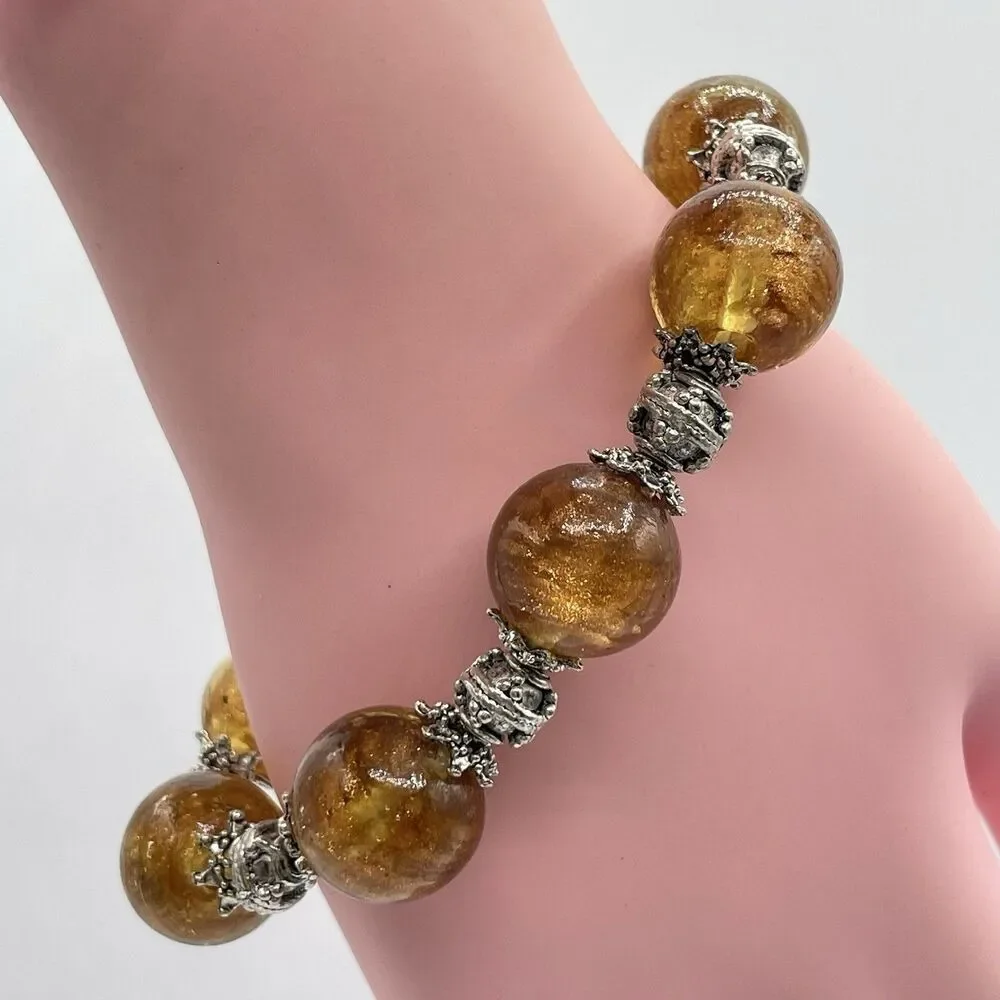 Stunning Amber Color Murano Glass Beaded Statement Stretch Bracelet Boho Bold